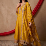 Mustard Yellow Anarkali Set With Multicolor Floral Border Embroidery
