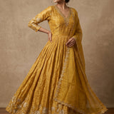 Mustard Yellow Embroidered Silk Anarkali Set With Organza Dupatta