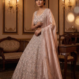 Champagne Peach Sequin Embroidered Bridal Lehenga Set With Scalloped Jaal Design