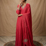 Coral Red Minimal Embroidered Anarkali Set
