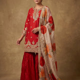 Red Zari Embroidered Kurta Sharara Set With Floral Printed Dupatta