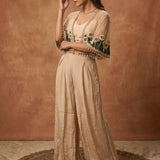 Beige Floral Embroidered Jacket Set With Palazzo Pants