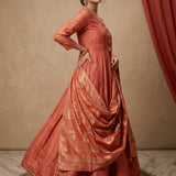 Rust Orange Polka Jacquard Anarkali Set With Banarasi Weave Dupatta