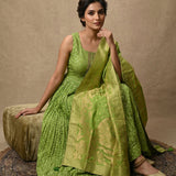 Parrot Green Banarasi-Inspired Pleated Anarkali Set