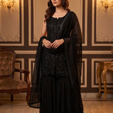 Black Sequin Embellished Sharara Set