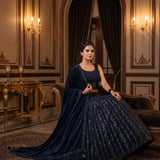 Midnight Navy Velvet Bridal Lehenga Set With Sequin Stripe Embellishment