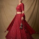 Deep Red Geometric Sequin Embroidered Bridal Lehenga Set