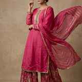 Rani Pink Gold Bordered Sharara Suit With Brocade Bottom