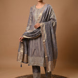 Grey All-Over Butti Silk Straight Suit Set