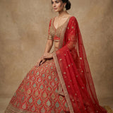 Classic Red Gold Zari Embroidered Bridal Lehenga Set