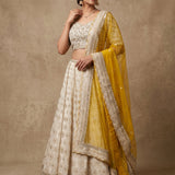 Off-White Embroidered Lehenga Set With Contrasting Mustard Yellow Dupatta