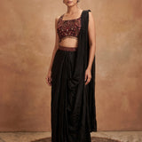 Black Drape Saree With Maroon Sequin Embellished Blouse