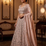 Champagne Peach Sequin Embroidered Bridal Lehenga Set With Scalloped Jaal Design