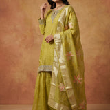 Mehendi Green Sequin Embellished Sharara Set With Zari Border Dupatta