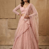 Dusty Rose Sequin Embroidered Bridal Lehenga Set With Scalloped Net Dupatta