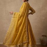 Mustard Yellow Embroidered Silk Anarkali Set With Organza Dupatta