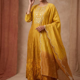 Yellow Ombré Mirror Embroidered Kurta Set With Scalloped Dupatta