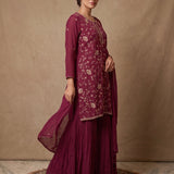 Burgundy Floral Embroidered Sharara Suit With Matching Dupatta