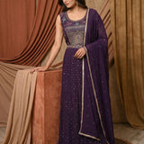Deep Purple Sequin Embellished Anarkali Set With Floral Embroidered Yoke