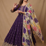 Deep Purple Embroidered Silk Anarkali Set With Floral Dupatta
