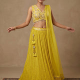 Lime Yellow Mirror Work Lehenga Set With Tasseled Latkan