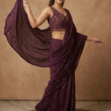 Wine Purple Sequin Embellished Drape Saree With Embroidered Blouse