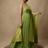 Parrot Green Banarasi-Inspired Pleated Anarkali Set