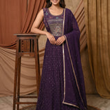 Deep Purple Sequin Embellished Anarkali Set With Floral Embroidered Yoke