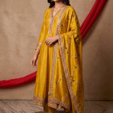 Mustard Yellow Anarkali Set With Multicolor Floral Border Embroidery