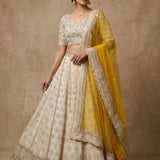 Off-White Embroidered Lehenga Set With Contrasting Mustard Yellow Dupatta