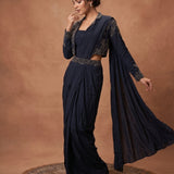 Navy Blue Pre-Draped Saree Gown With Embellished Long Jacket