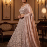 Champagne Peach Sequin Embroidered Bridal Lehenga Set With Scalloped Jaal Design