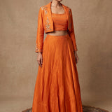 Burnt Orange Lehenga With Embellished Crop Top And Embroidered Blazer Jacket