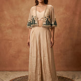 Beige Floral Embroidered Jacket Set With Palazzo Pants