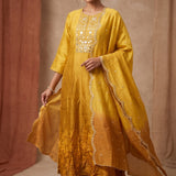 Yellow Ombré Mirror Embroidered Kurta Set With Scalloped Dupatta
