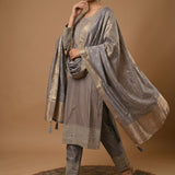 Grey All-Over Butti Silk Straight Suit Set