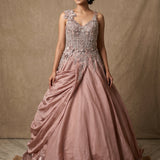 Dusty Mauve Pink Indo-Western Gown With 3D Floral Appliqué Bodice