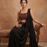Black Drape Saree With Maroon Sequin Embellished Blouse