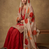 Red Zari Embroidered Kurta Sharara Set With Floral Printed Dupatta