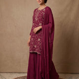 Burgundy Floral Embroidered Sharara Suit With Matching Dupatta