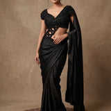 Black Satin Pre-Draped Saree Gown With Embellished Cutout Blouse