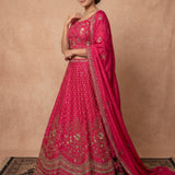Rani Pink Gold Floral Embroidered Bridal Lehenga Set