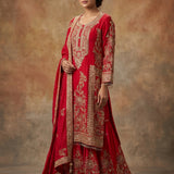 Red Zari Embroidered Kurta Sharara Set With Floral Printed Dupatta