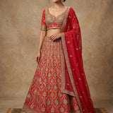 Classic Red Gold Zari Embroidered Bridal Lehenga Set