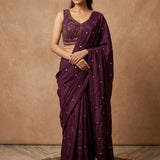 Wine Purple Sequin Embellished Drape Saree With Embroidered Blouse