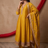 Mustard Yellow Anarkali Set With Multicolor Floral Border Embroidery