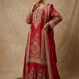 Red Gold Zardozi Embroidered Kurta With Sharara Set