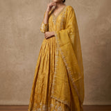Mustard Yellow Embroidered Silk Anarkali Set With Organza Dupatta