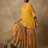 Mustard Floral Foil-Print Lehenga With Mirror-Embellished Kaftan Top