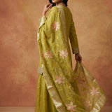 Mehendi Green Sequin Embellished Sharara Set With Zari Border Dupatta